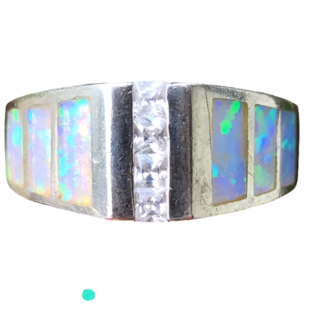 Vintage 925 Sterling Silver Fire Opal Inlay Channel Set CZ Statement Band Ring 8